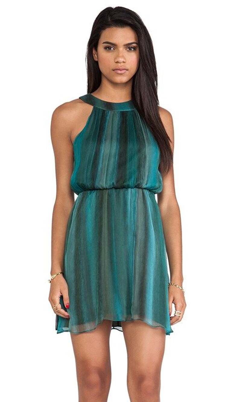 Alice + Olivia Jae Closed Back Halter Mini Dress in Teal Watercolor Ombré S/P